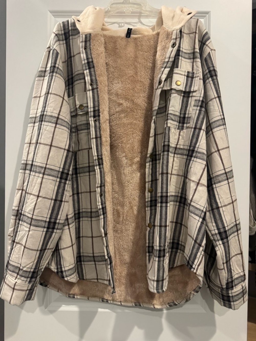 Faux Fur Lined Plaid Shacket - Cream & Beige